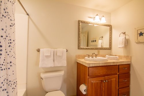 The full bathroom downstairs is large enough for both bedrooms to share.
