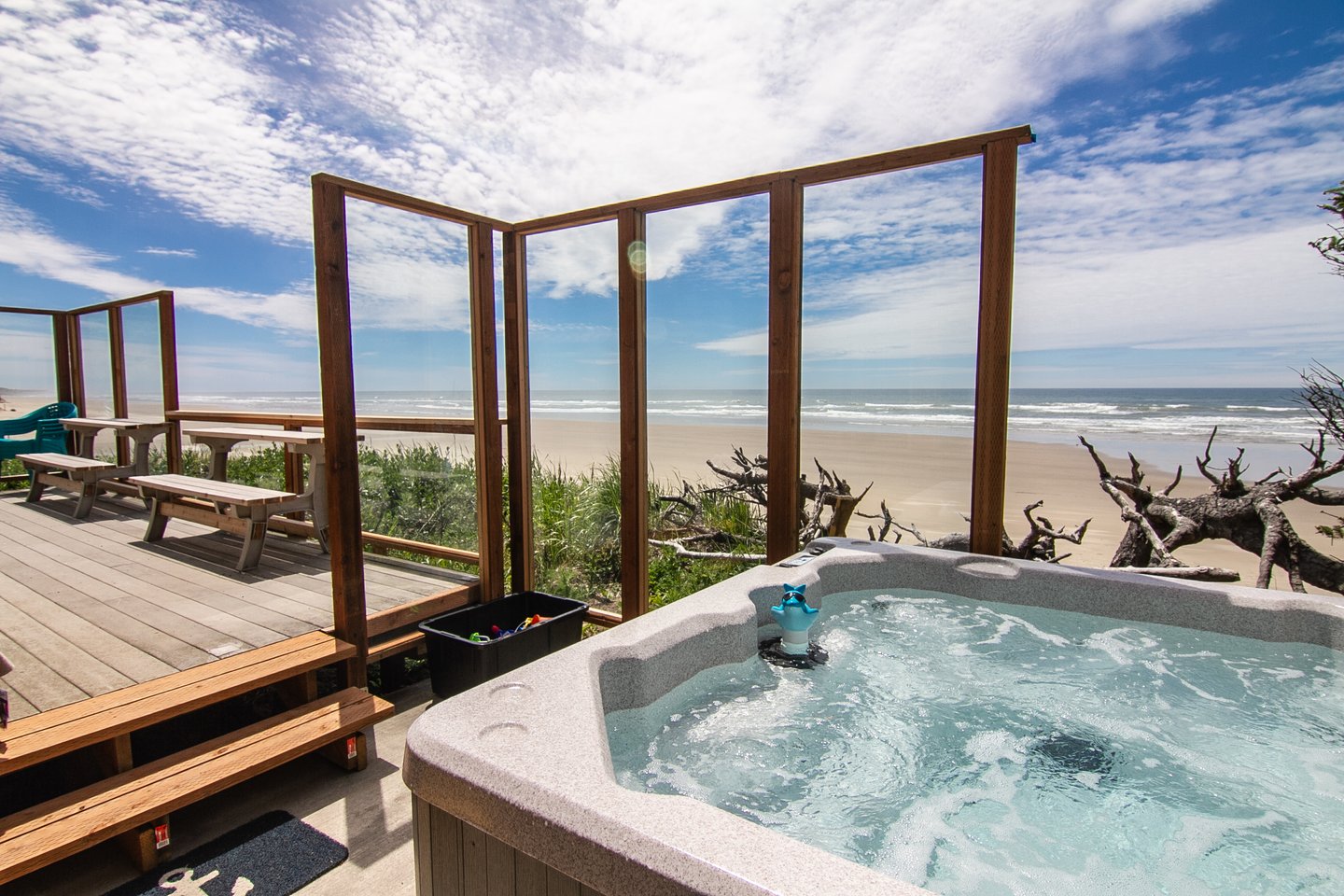 The ocean view hot tub is sure to please!