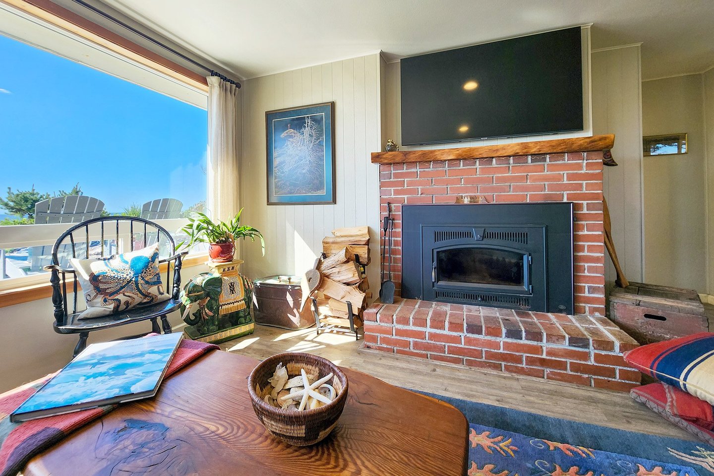 Watch TV or cozy up to the fire in the evenings.